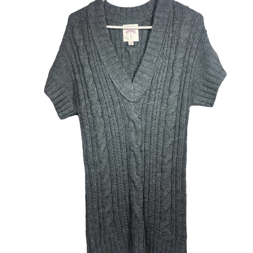 Gray Short Sleeve Deep V Neck Wool Alpaca Cable Knit Duster Sweater Womens Small